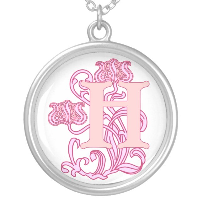 Floral Art Nouveau Initial H Silver Plated Necklace (Front)