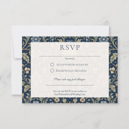 Floral Art Nouveau Navy Blue Flowers Wedding RSVP Card