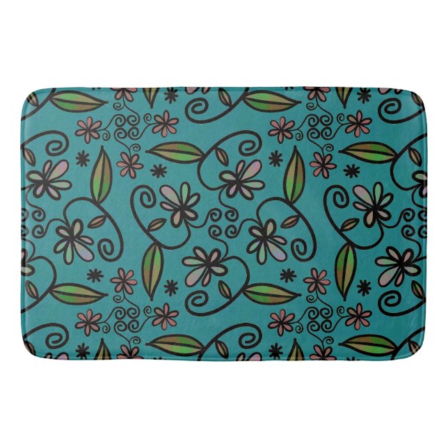 Floral Art on Teal Bath Mat (Front)