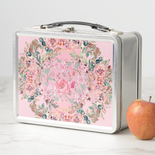 Floral Art Pink Flowers Pink Floral Wreath Metal Lunch Box