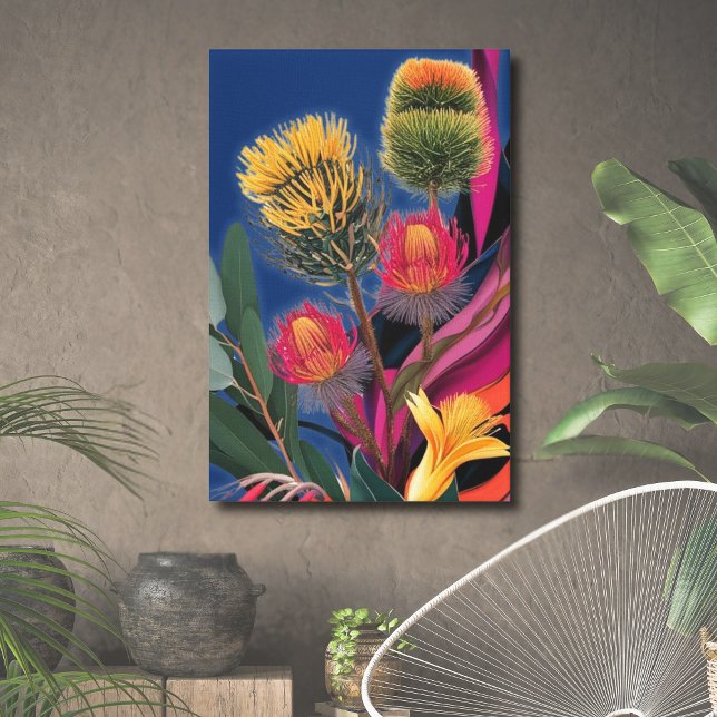 Floral Artwork Prints Botanical Australia vibrant (Surreal Wildflower Australian Botanical Canvas with floral greenery, colorful wall art)