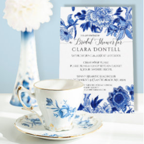 Floral Asian Influence Blue White Bridal Shower Invitation