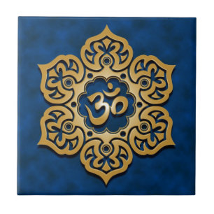 Floral Aum Design, golden blue Ceramic Tile