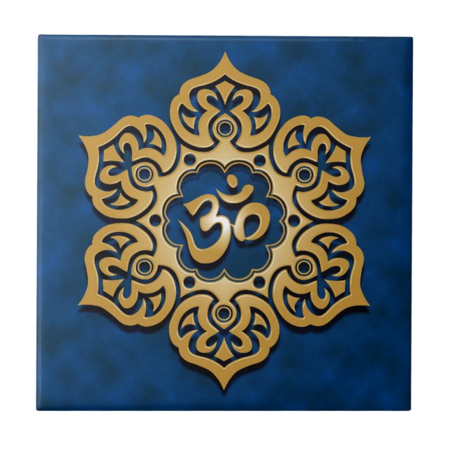 Floral Aum Design, golden blue Ceramic Tile (Front)