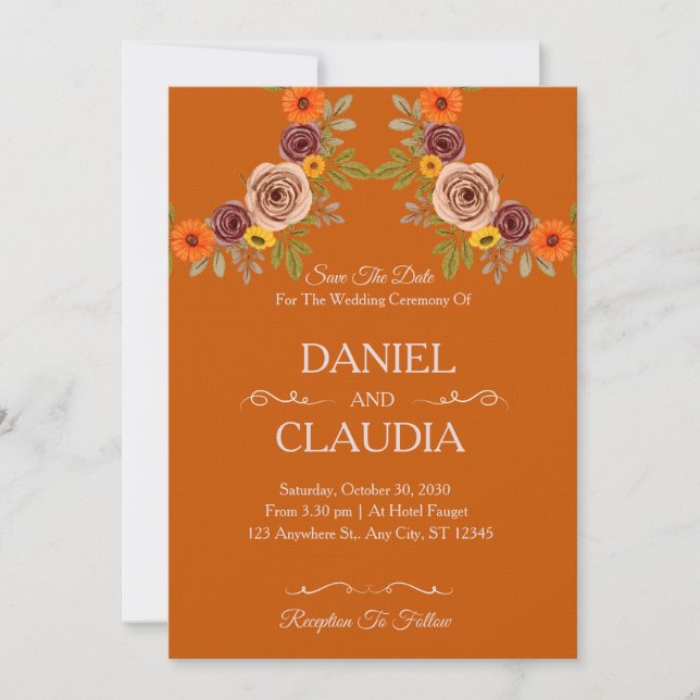 Floral Autumn Burnt Orange Wedding Invitation (Front)