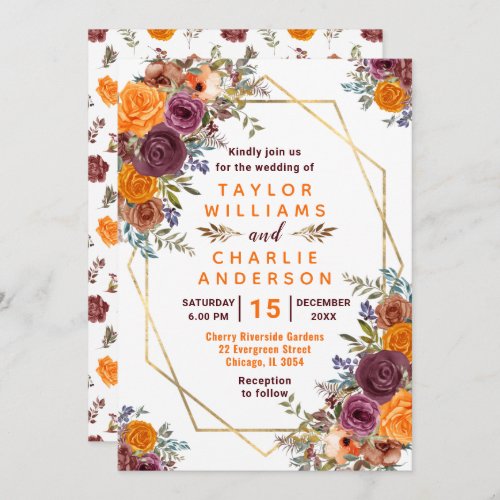 Floral Autumn Fall Orange Brown Geometric Wedding Invitation