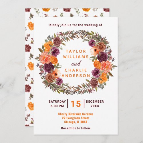 Floral Autumn Fall Orange Brown Wreath Wedding Invitation