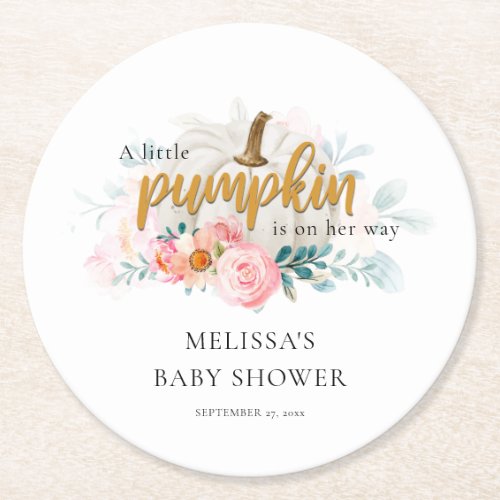 Floral Autumn Fall Pumpkin Baby Shower Round Paper Coaster