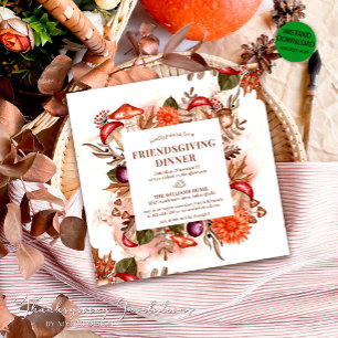 Floral Autumn Leaves Mushroom Thanksgiving Dinner Invitation
