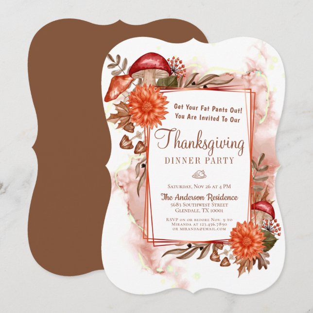 Floral Autumn Leaves Mushroom Thanksgiving Invitation (Front/Back)