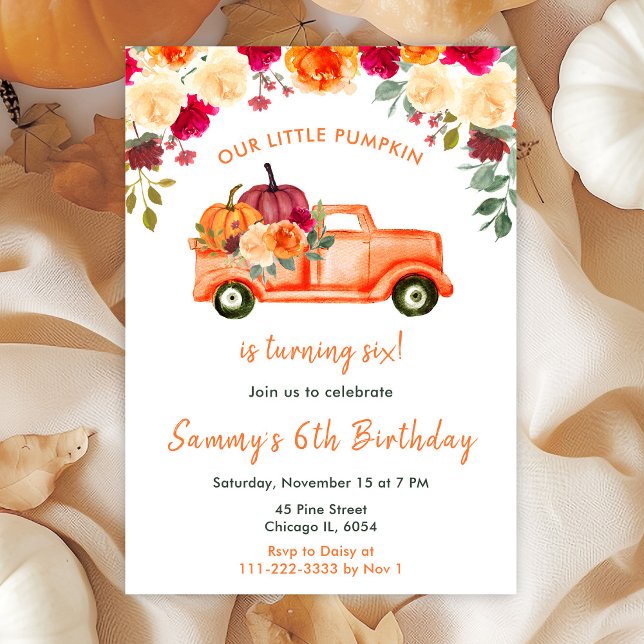 Floral Autumn Pumpkin Truck Birthday Party Invitation (Creator Uploaded)