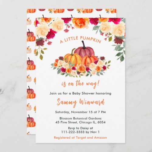 Floral Autumn Pumpkins Baby Shower Invitation