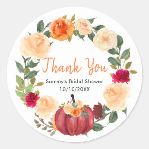 Floral Autumn Pumpkins Bridal Shower Thank You Classic Round Sticker