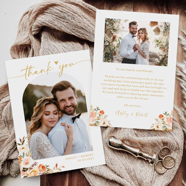 Floral Autumn Themed Arch Wedding Photo Thank You Card | Zazzle