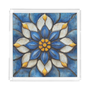 Floral Azulejo Blue White and Yellow Acrylic Tray