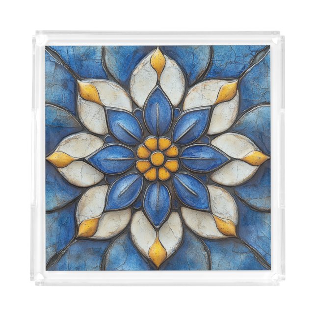 Floral Azulejo Blue White and Yellow Acrylic Tray (Front)