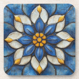 Floral Azulejo Blue White and Yellow Beverage Coaster