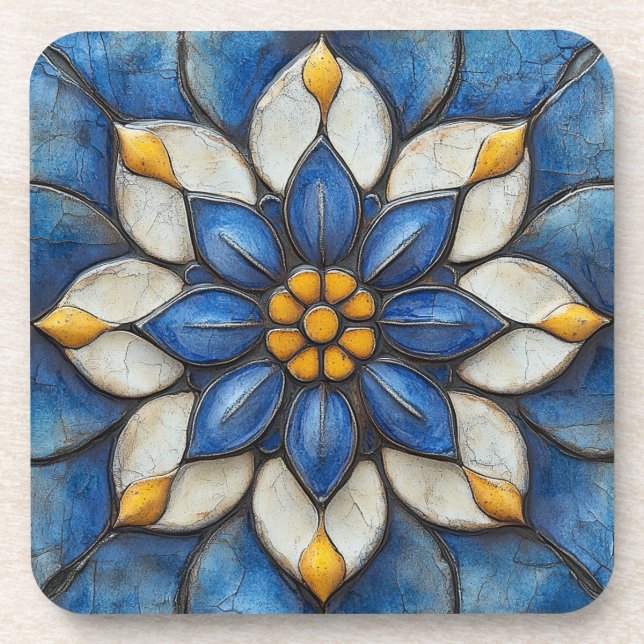 Floral Azulejo Blue White and Yellow Beverage Coaster (Front)
