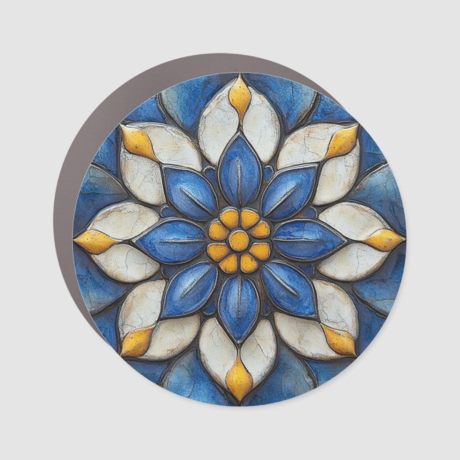 Floral Azulejo Blue White and Yellow Car Magnet (Front)