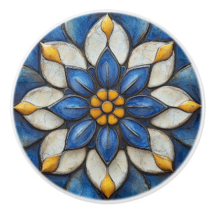Floral Azulejo Blue White and Yellow Ceramic Knob