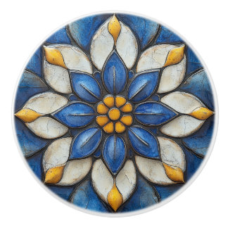 Floral Azulejo Blue White and Yellow Ceramic Knob