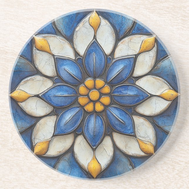 Floral Azulejo Blue White and Yellow Coaster (Front)