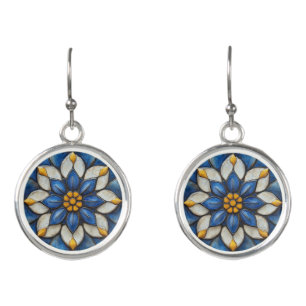 Floral Azulejo Blue White and Yellow Earrings