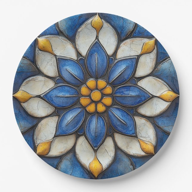 Floral Azulejo Blue White and Yellow Paper Plates (Front)