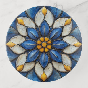 Floral Azulejo Blue White and Yellow Trinket Tray
