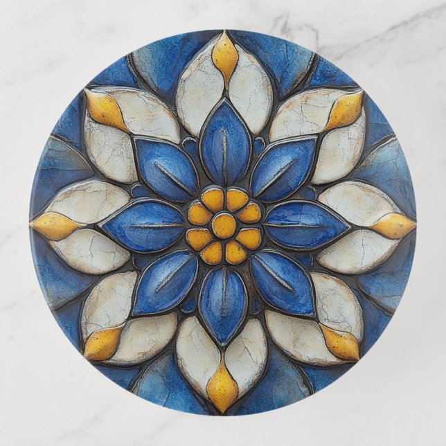 Floral Azulejo Blue White and Yellow Trinket Tray (Front)