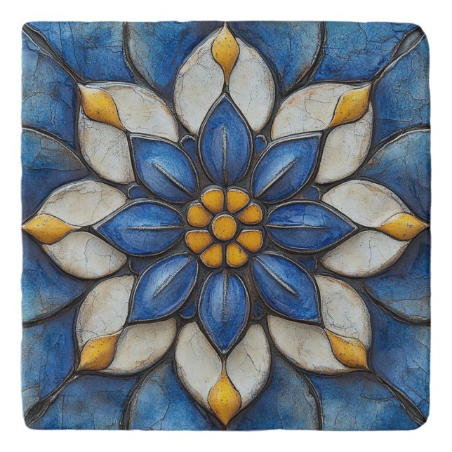 Floral Azulejo Blue White and Yellow Trivet (Front)