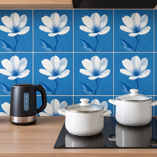 Floral Azulejo Mediterranean Blue White Ceramic Tile