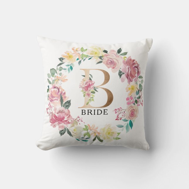 Floral B monogram and floral wreath Throw Pillow (Front)