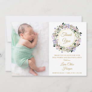 Floral Baby 2 Photo Gold Thank You Birth Announcement