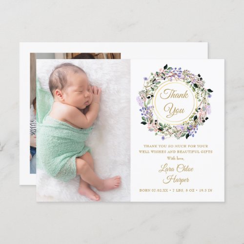 Floral Baby 2 Photo Gold Thank You Birth Announcement Postcard