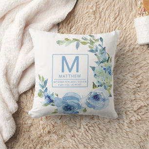 Floral Baby Blue Birth Stats Newborn Baby Throw Pillow