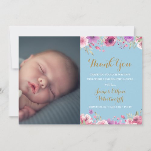 Floral Baby Boy Photo Script Thank You Pink Birth  Announcement