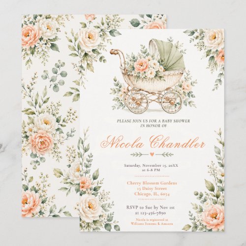 Floral Baby Carriage Shower Invitation