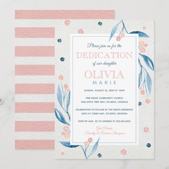 Floral Baby Dedication Invitation, Navy, Pink Invitation (Front/Back)