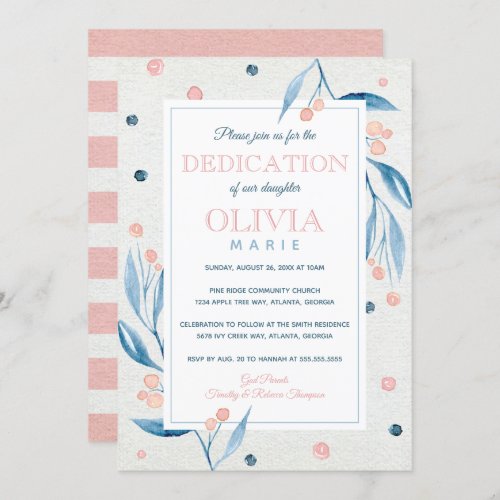 Floral Baby Dedication Invitation Navy Pink Invitation