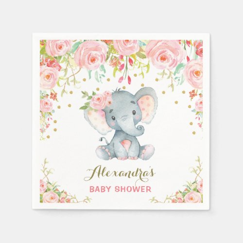 Floral Baby Elephant Birthday Pink Paper Napkin