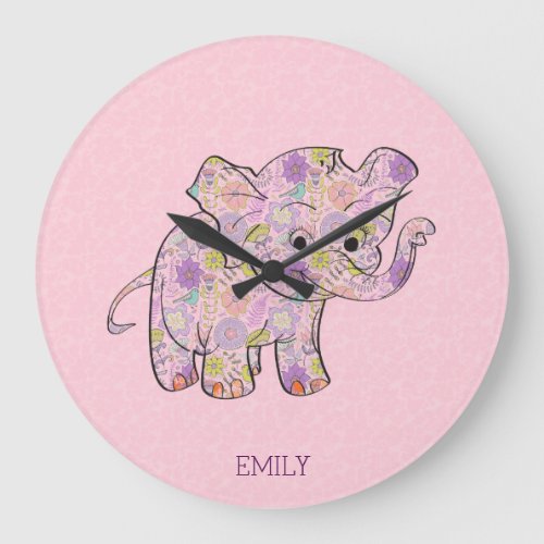 Floral Baby Elephant On Pink Damask Large Clock