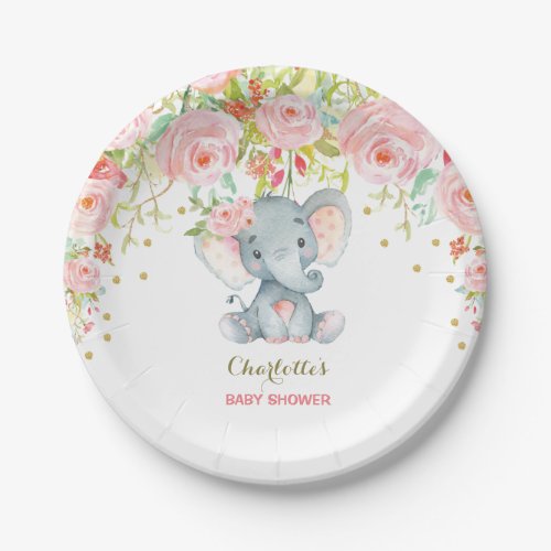 Floral Baby Elephant Pink Gold Birthday 7 Plate