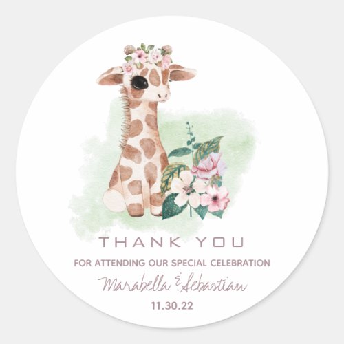 *~* Floral Baby Giraffe THANK YOU Jungle Sweet Classic Round Sticker