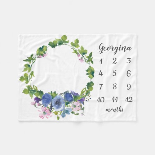 Floral Baby Girl Blue Purple Monthly Milestone Fleece Blanket