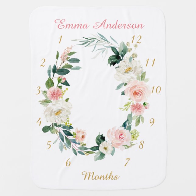 Floral Baby Girl Monthly Milestone Baby Blanket (Front)