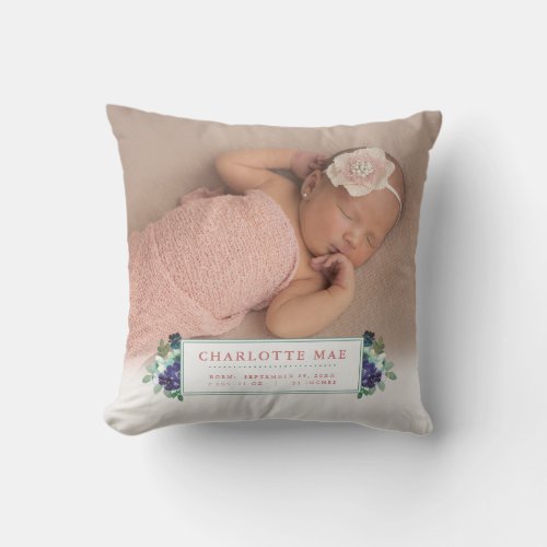 Floral Baby Girl Photo Keepsake Birth Stats Throw Pillow