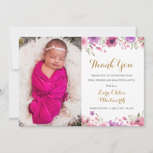 Floral Baby Girl Photo Script Thank You Birth Announcement