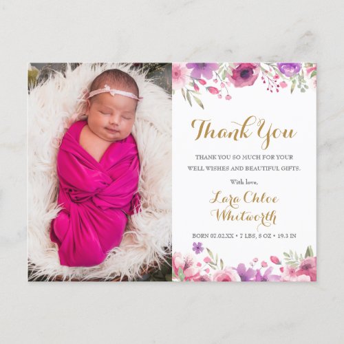  Floral Baby Girl Photo Script Thank You Birth Announcement Postcard