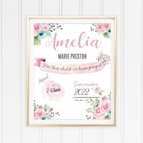 Floral Baby Girl Watercolor Birth Statistics Pink  Poster